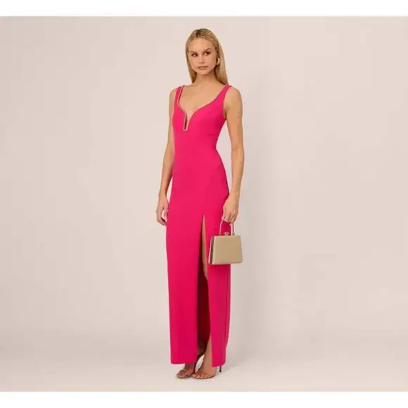 Adrianna Papell | Dresses | Adrianna Papell Sleeveless Beaded Plunge Neck  Gown In Geranium Size 4geranium | Poshmark